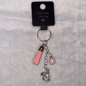 Handcrafted- Silver tone Easter keychain - bunny flower and pink tassel